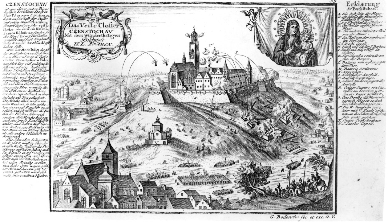 Jasna Goran luostari Czestochowassa, Ruotsin joukkojen piirittämänä vuonna 1655 tekijältä Gabriel Bodenehr