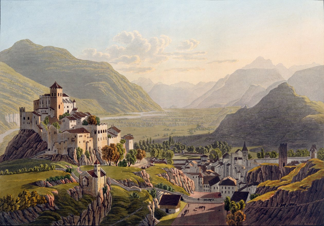 Näkymä Sionista, kuvitus Voyage Pittoresque de Geneve a Milanista, julkaistu Baselissa, 1819 tekijältä Mathias Gabriel Lory