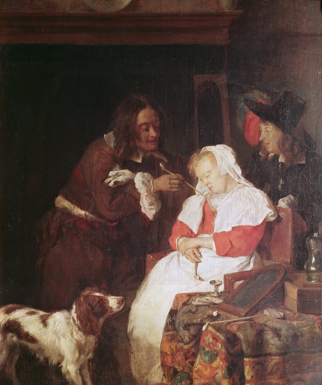 Kaksi miestä ja nukkuva nainen, noin 1655-60 (öljy tammipaneelille). tekijältä Gabriel Metsu