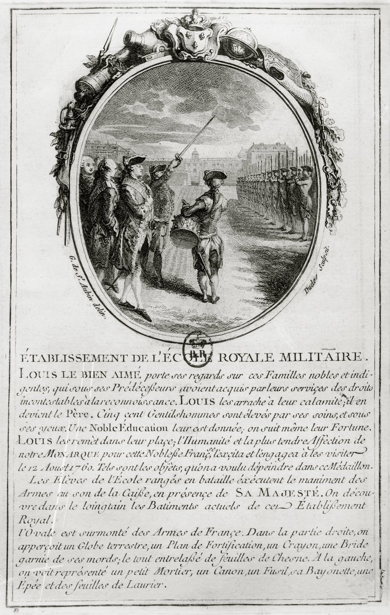 Ludvig XV (1710-74) Vierailemassa Ecole Militairessa Pariisissa, 12. elokuuta 1760, kaiverrus Antoine Duclos (1742-97) tekijältä Gabriel de Saint Aubin
