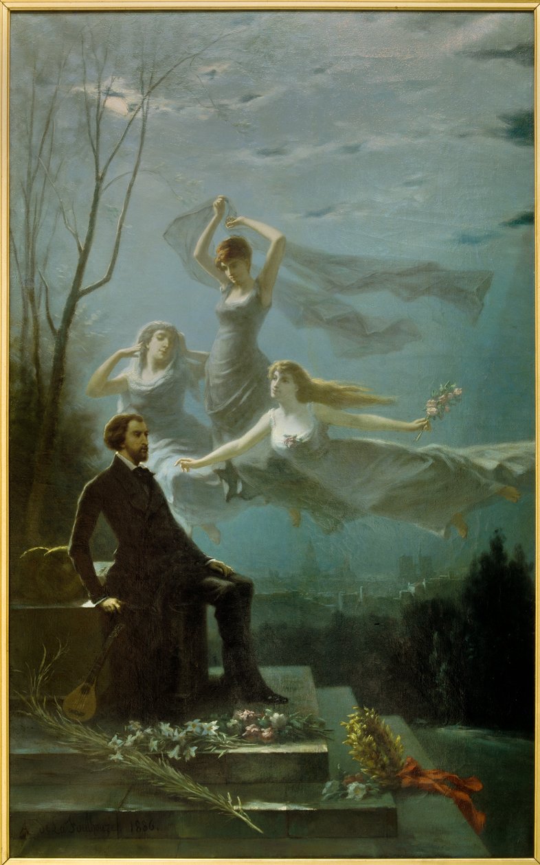 Romantiikka: "Mussetin yöt"" Ranskalainen runoilija Alfred de Musset (1810-1857) inspiroi muusoista "The Nights" -teoksen kirjoittamiseen. Gabriel Aimable de la Foulhouzen (1825-1887) maalaus. 1886 Öljy kankaalle Clermont Ferrand (Clermont-Ferrand). Roger tekijältä Gabriel Amable de Lafoulhouze