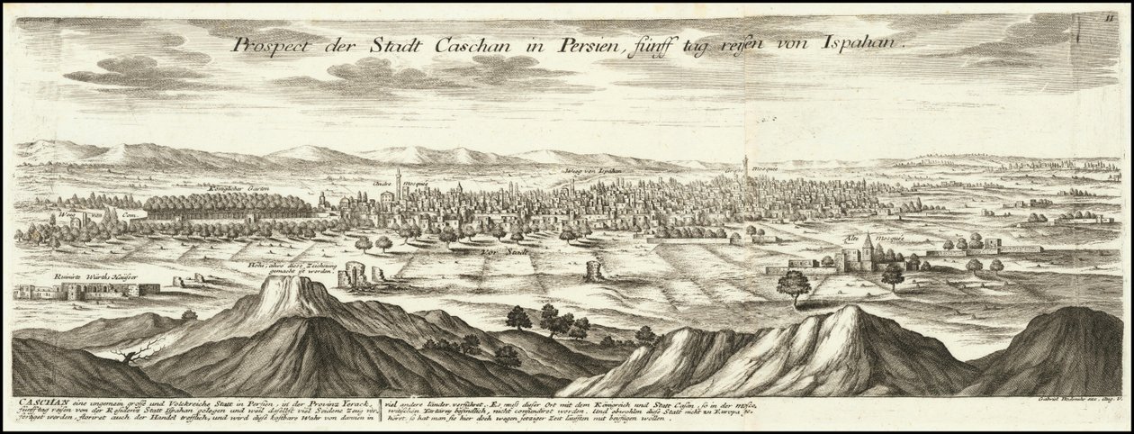 1720 kuva - Persiassa sijaitsevan Kashanin kaupungin näkymä viiden päivän matkan päässä Ispahanista. tekijältä Gabriel Bodenehr