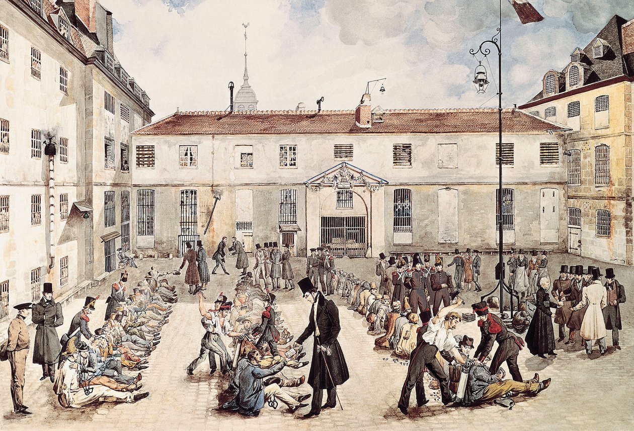 ""Bicetren vankilan vangit on ketjutettu pihaan"" Gabriel Cloqueminin akvarelli (1700-luvun loppu, 1800-luvun alku) Paris Musée Carnavalet tekijältä Gabriel Cloquemin