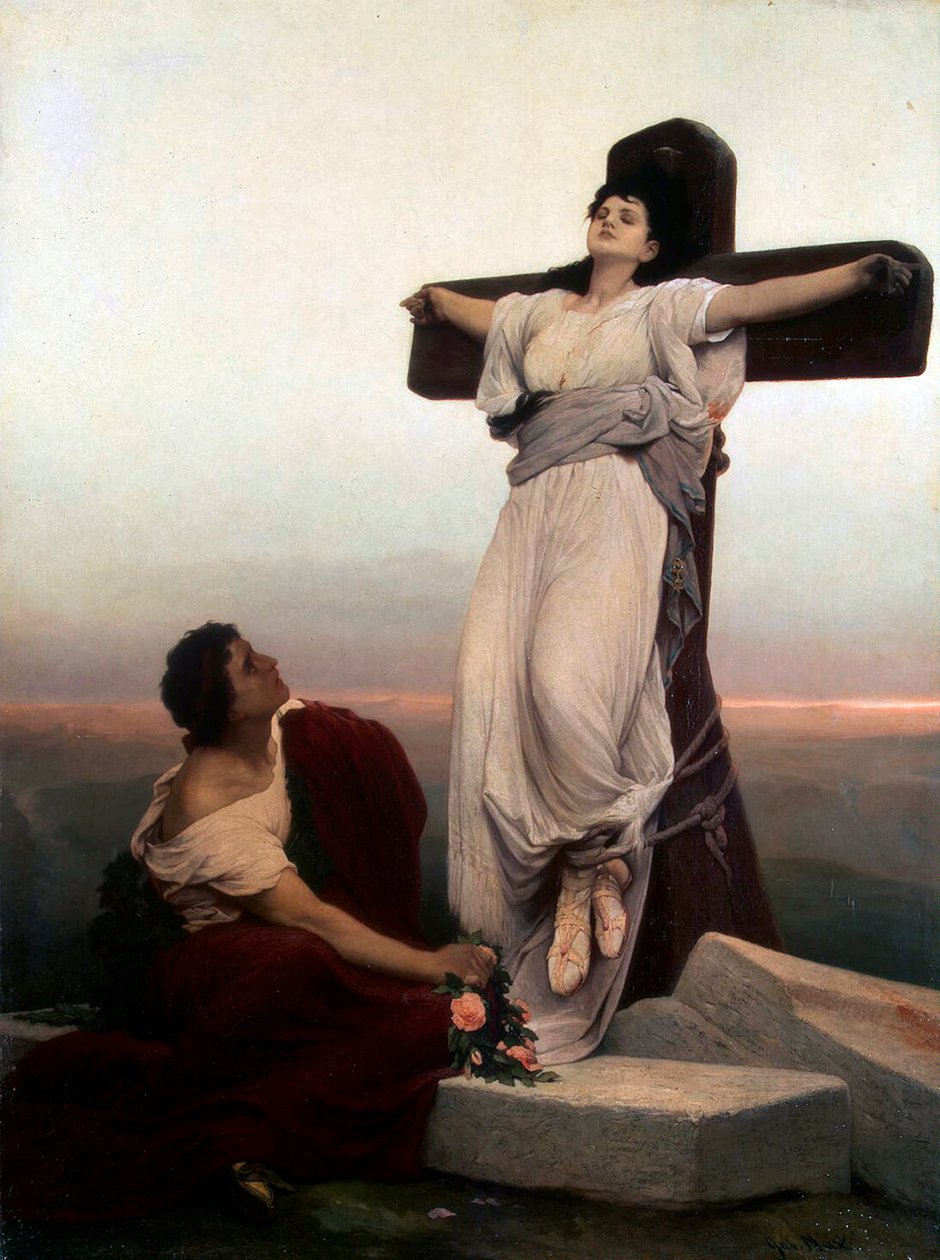 Kristillinen marttyyri ristillä, Saint Julia, 1865. tekijältä Gabriel Cornelius Max Ritter von