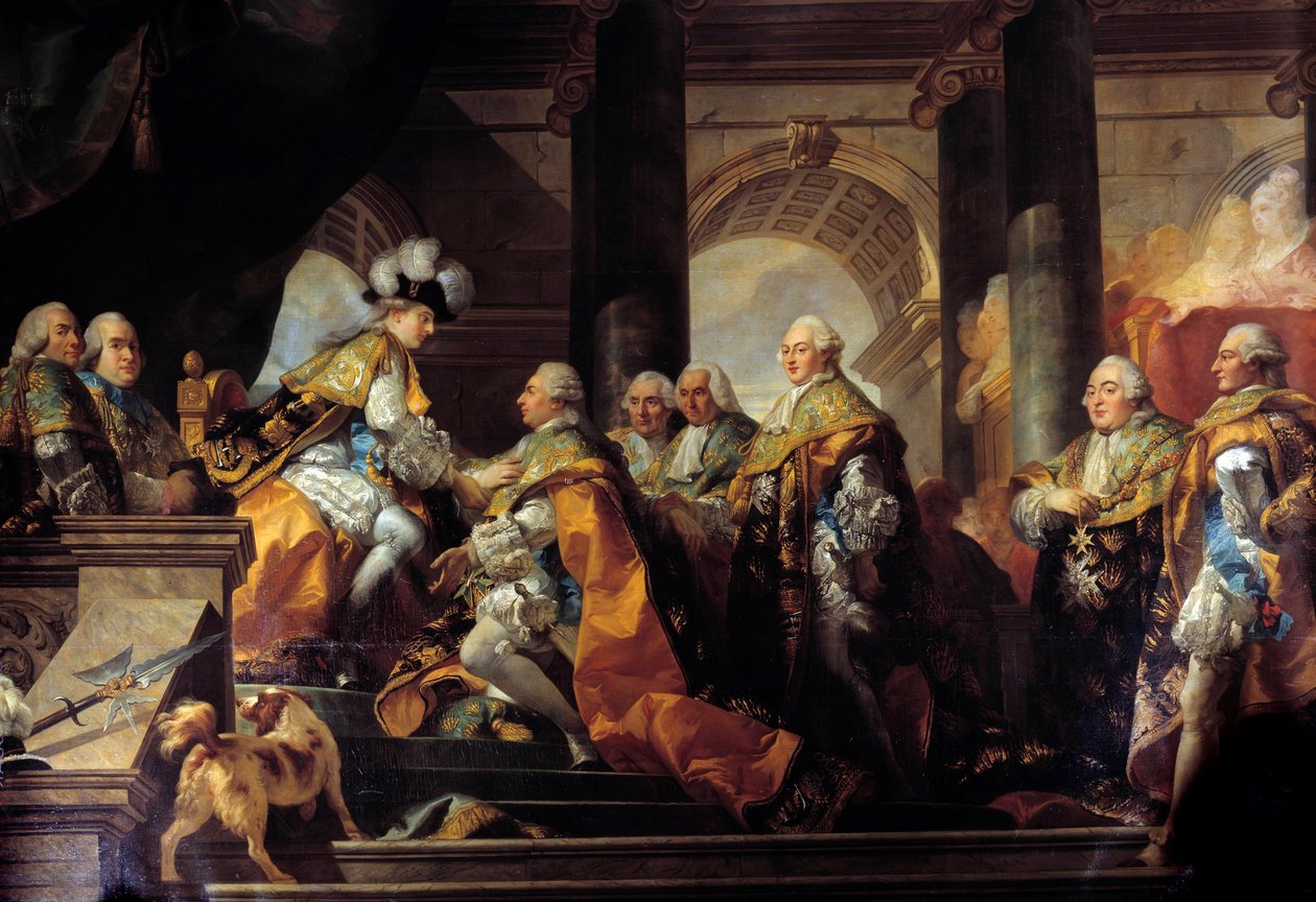 Kuningas Ludvig XVI (1754-1793) vastaanotti Reimsissä Pyhän Hengen ritarikunnan ritarien kunnianosoituksen (Pyhän Hengen ritarikunnan) vihkimisensä jälkeen 13.6.1775 Yksityiskohta. Gabriel Doyenin (1726-1806) maalaus Sun. 3,45 x 4,85 m tekijältä Gabriel Francois Doyen