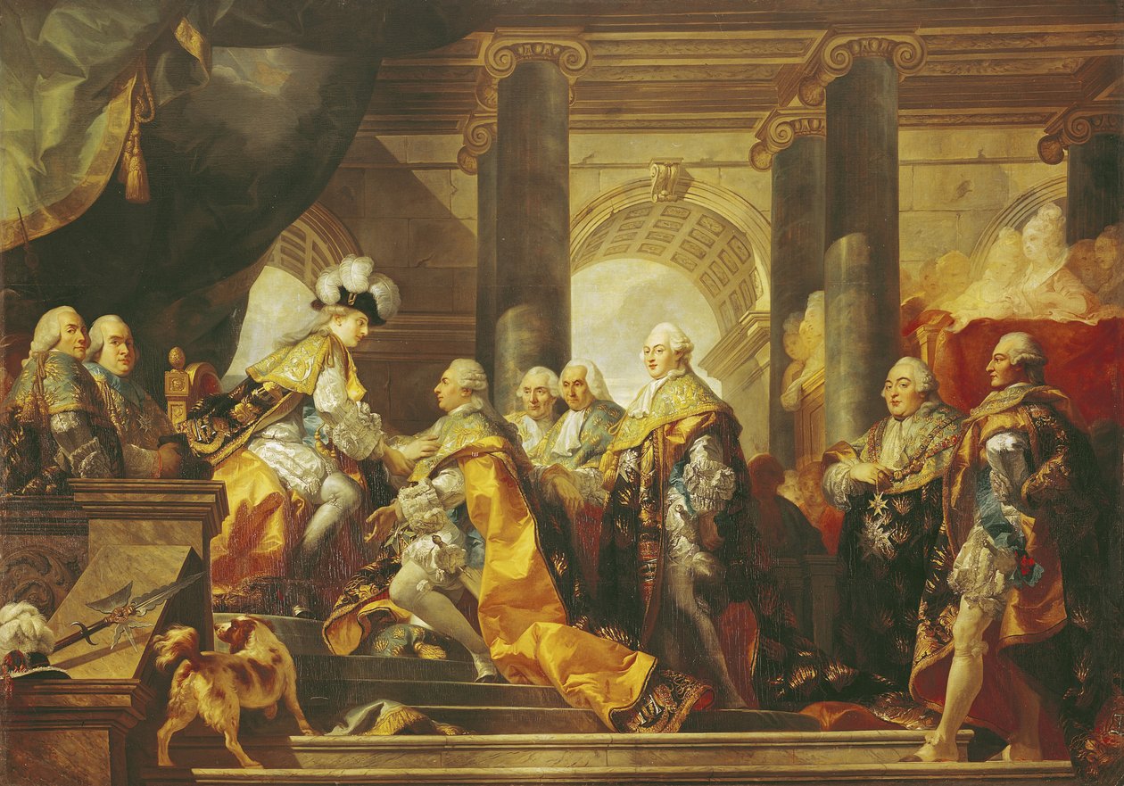 Ludvig XVI (1754-93) Ranskan kuningas, vastaanottamassa Pyhän Espritin ritarikunnan ritarien kunnianosoitusta Reimsissä, 13. kesäkuuta 1775 tekijältä Gabriel Francois Doyen