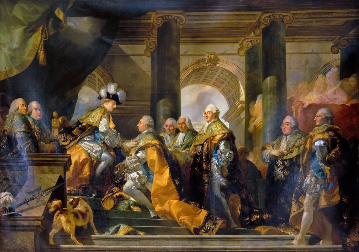 Ludvig XVI vastaanotti Reimsissä Pyhän Hengen ritarien kunnianosoituksen 13. kesäkuuta 1775 tekijältä Gabriel Francois Doyen