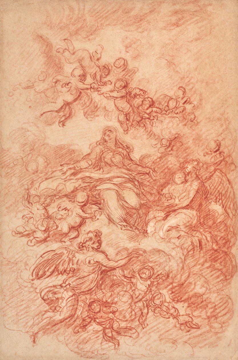 Neitsyt siivekkäiden enkelien ympäröimänä (grafiitin ja punaliitun jälkiä). tekijältä Gabriel Francois Doyen