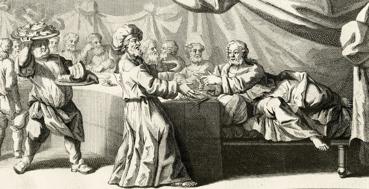 Jeesus kutsuttiin päivälliselle fariseuksen kanssa, esimerkki Pyhän Luukkaan evankeliumista, luku 11:37, 1728 tekijältä Gabriel Francois Louis Debrie