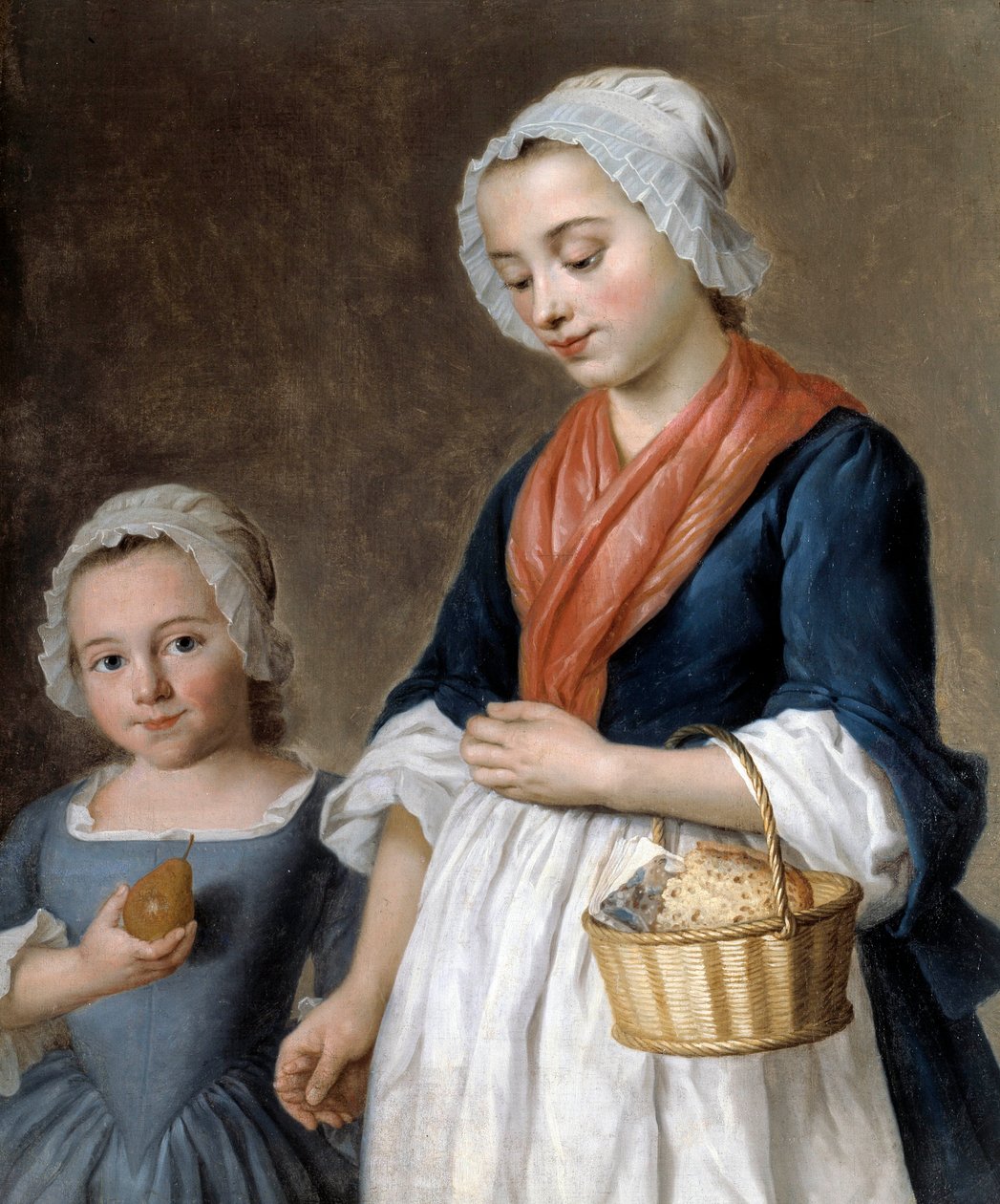 Pikkutyttö ajaa luokassa Äiti pitelee pienen tyttärensä makua korissa. Yksityiskohta Gabriel Greslyn (1712-1756) maalauksesta tekijältä Gabriel Gresly