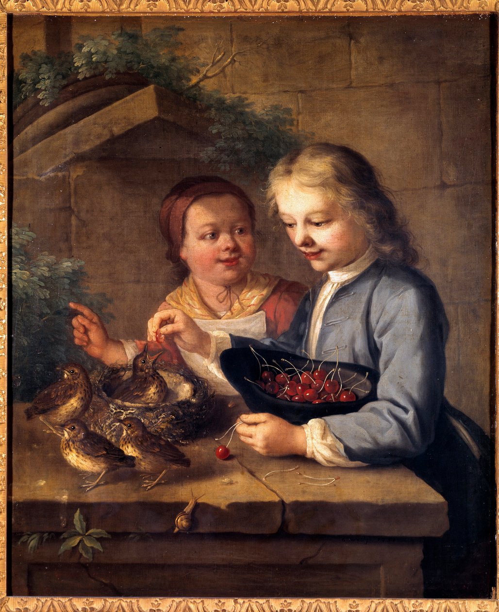 Dexu lasten becquee antaa kirsikoita linnuille. Gabriel Greslyn (1712-1756) maalaus 1700-luvun Dijon, Kuvataidemuseo tekijältä Gabriel Gresly