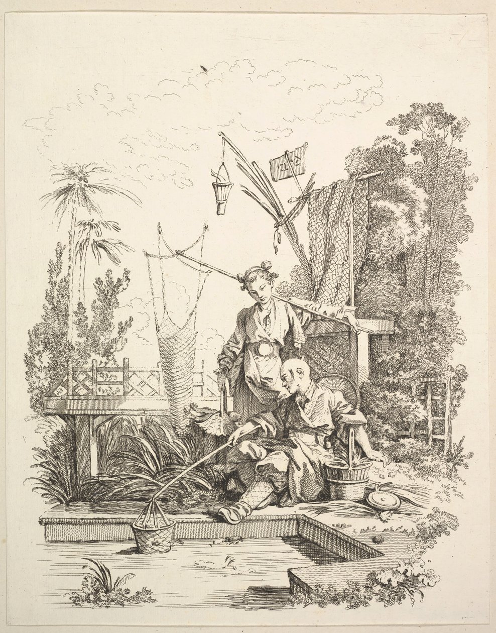 Kiinalainen mies ja nainen kalastamassa kalalammen rannalla, 1700-luku. tekijältä Gabriel Huquier