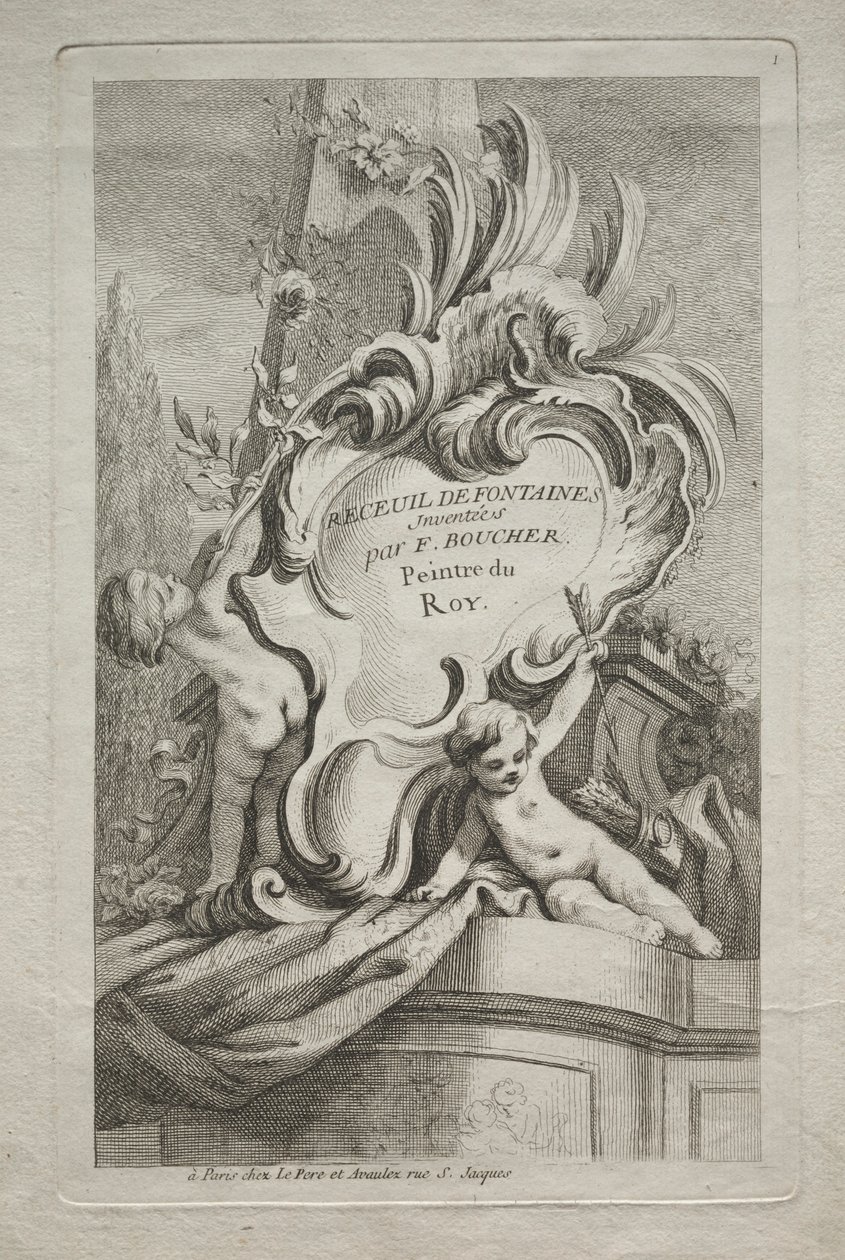 Book of Fountains: nro 1, otsikkosivu, n. 1736. tekijältä Gabriel Huquier