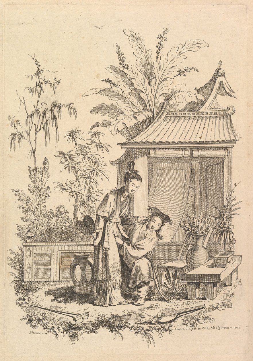 Chinoiserie-kohtaus hahmoineen maisemassa, 1700-luku. tekijältä Gabriel Huquier