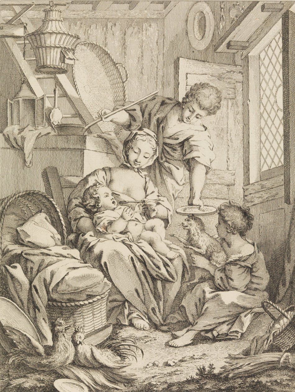 Levy 1: Nuori nainen ruokkimassa lastaan, Premier Livre de Subjects et Pastorales Fi..., 1720-72. tekijältä Gabriel Huquier