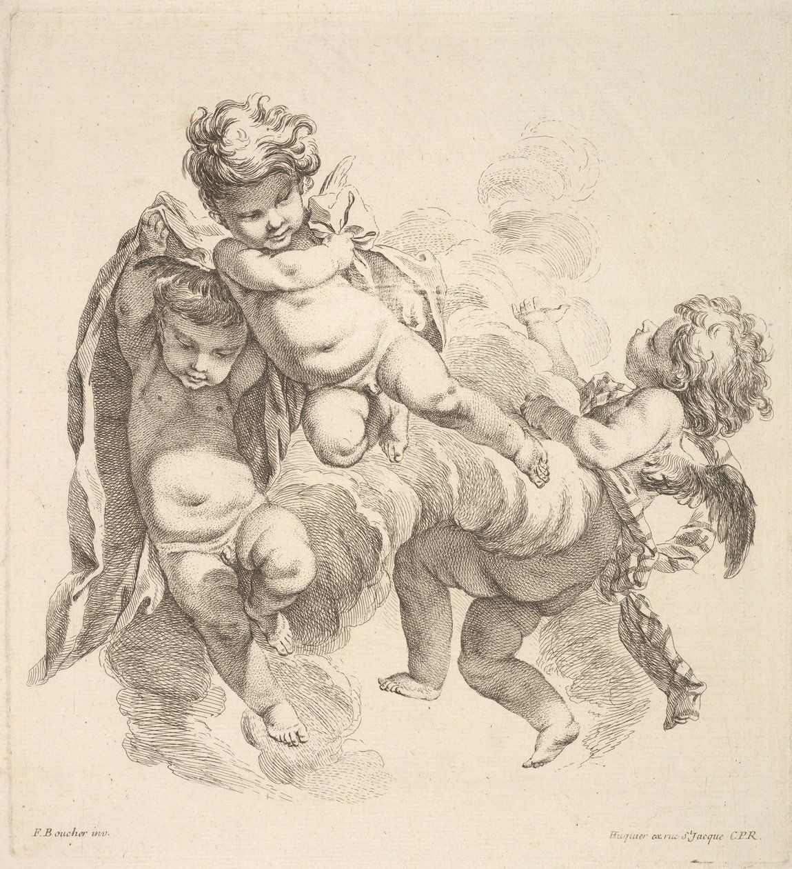 Kolme lasta pilvien seassa kantamassa verhoa, 1738-45. tekijältä Gabriel Huquier