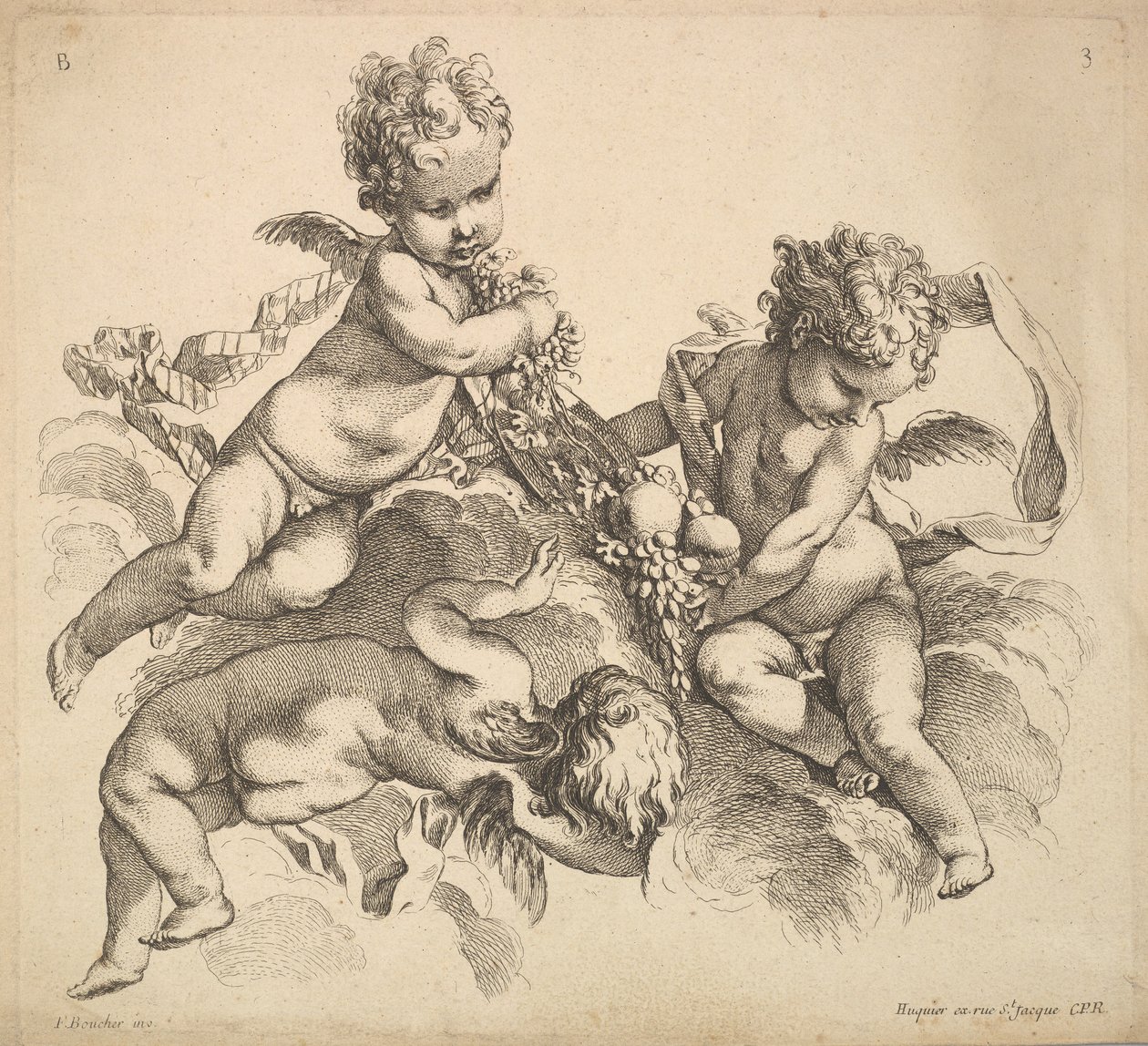 Kolme lasta hedelmälautasella, 1738-45. tekijältä Gabriel Huquier