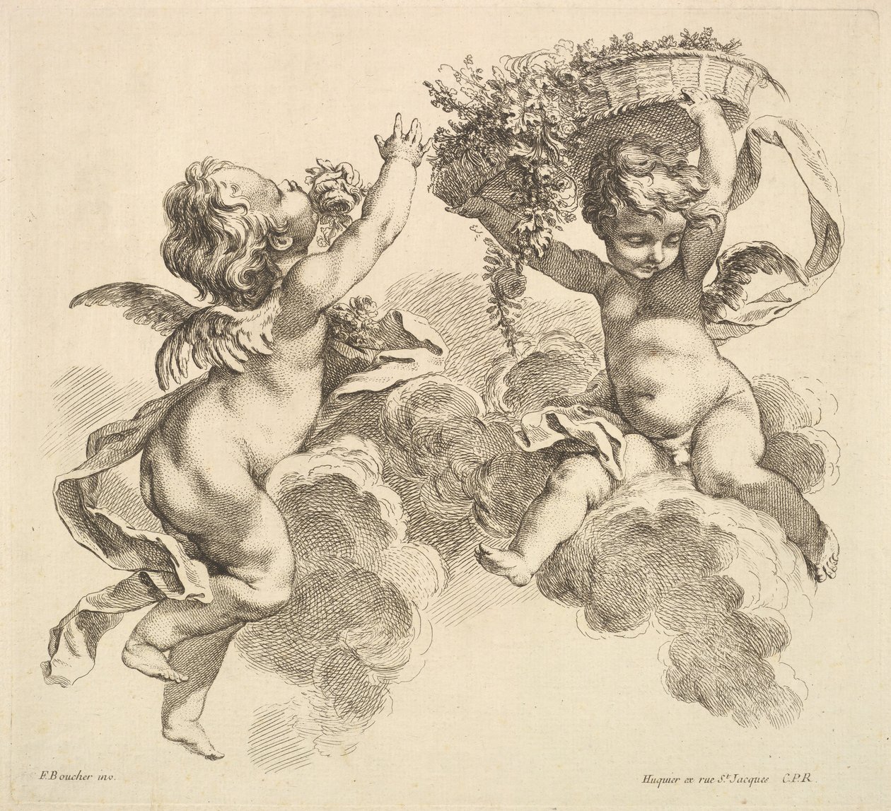 Kaksi lasta, yksi kädessään kukkakori, 1738-45. tekijältä Gabriel Huquier