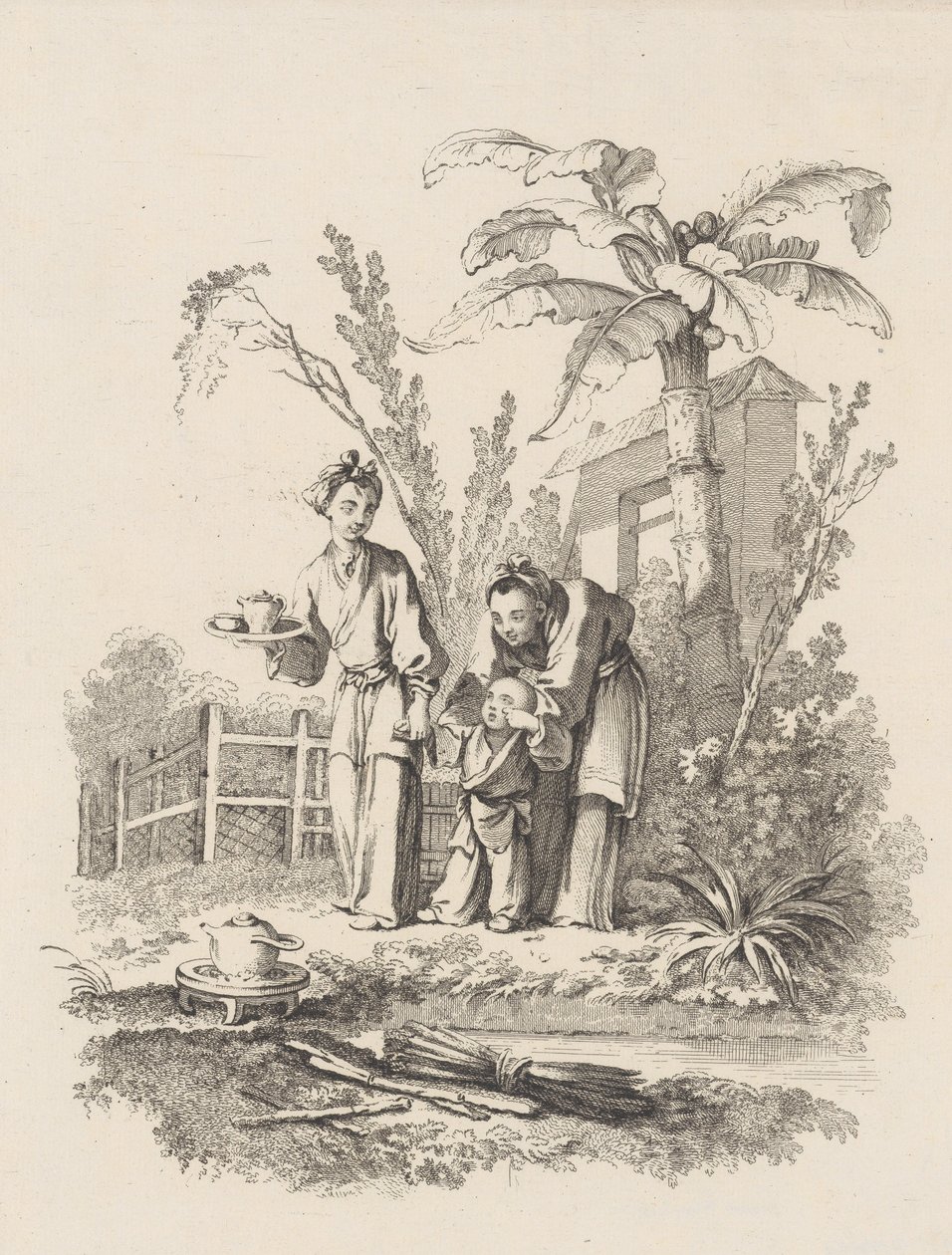 Kaksi naista johdattelemassa lasta kohti teekannua pöydällä lähellä lampia, n. 1742. tekijältä Gabriel Huquier
