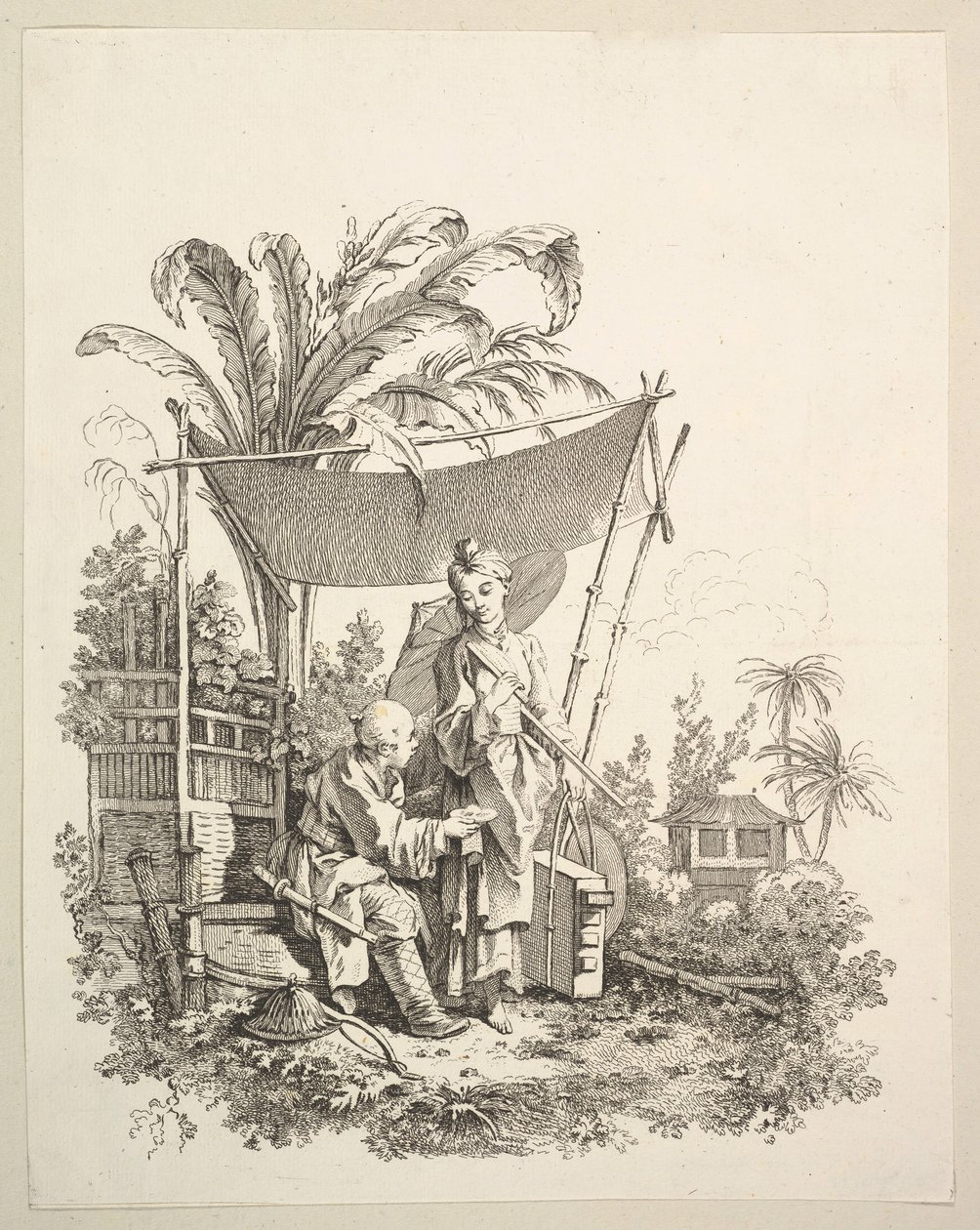 Nainen, joka näyttää uteliaisuutta sotilaalle, n. 1742. tekijältä Gabriel Huquier