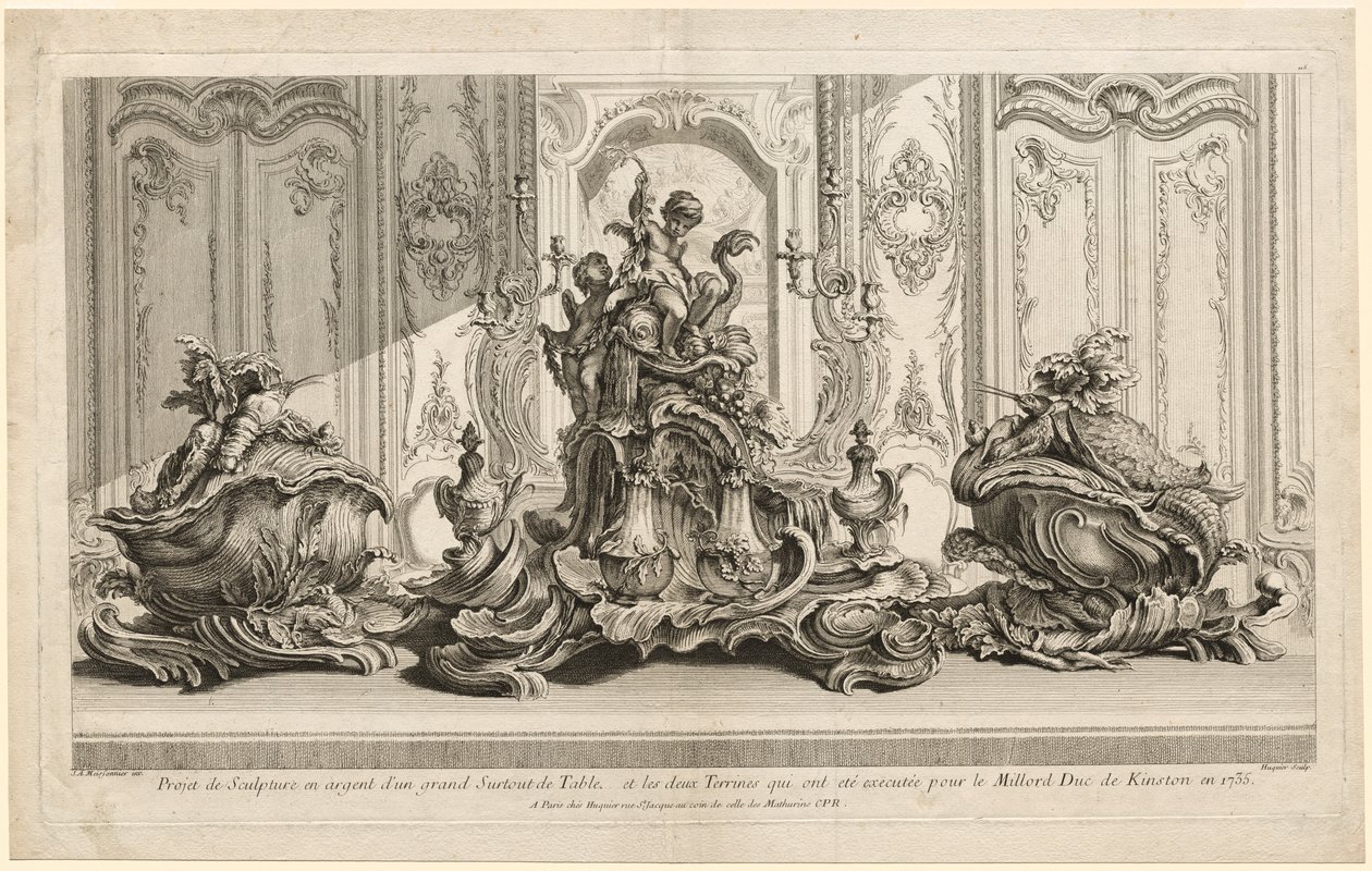 Juste-Aurèle Meissonierin teoksia: Hopeinen veistosprojekti suurelle keskikappaleelle..., n. 1735-1737 tekijältä Gabriel Huquier