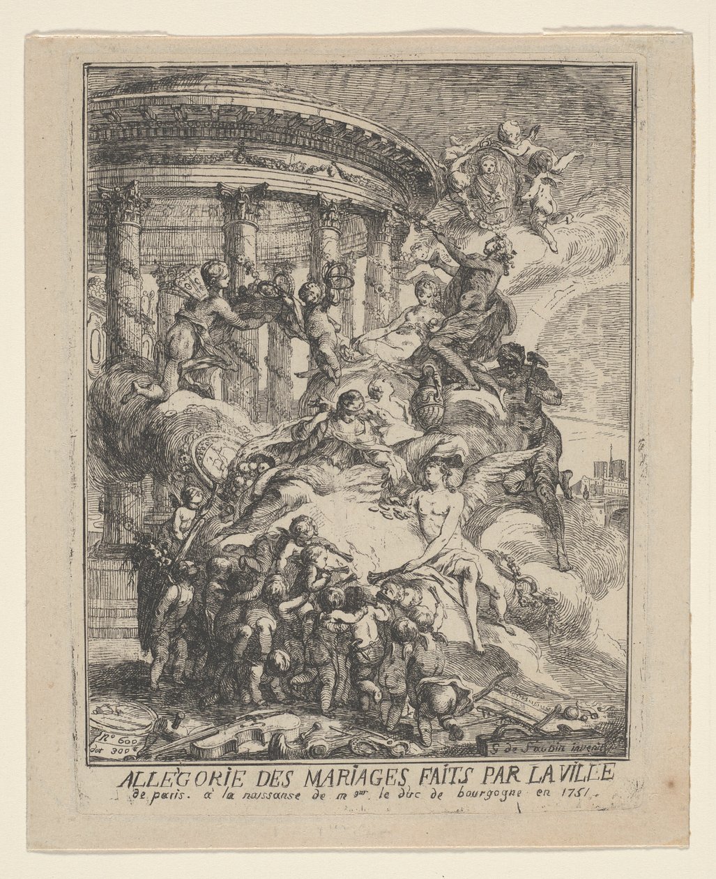 Allegoria Pariisin kaupungin solmimista avioliitoista Burgundin herttuan syntymän yhteydessä tekijältä Gabriel Jacques de Saint Aubin