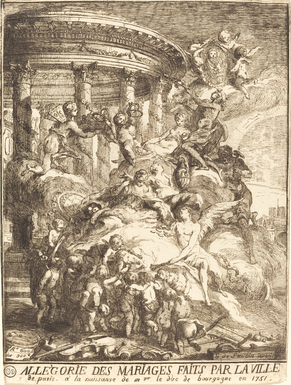 Allegoria Pariisin kaupungin solmimista avioliitoista Burgundin herttuan syntyessä tekijältä Gabriel Jacques de Saint Aubin