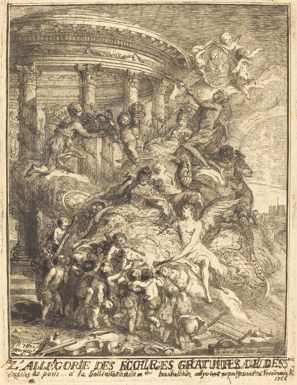 Allegoria Pariisin kaupungin solmimista avioliitoista Burgundin herttuan syntyessä tekijältä Gabriel Jacques de Saint Aubin