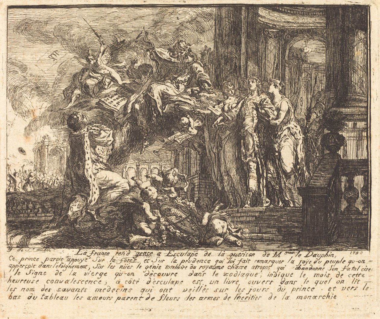 Allegoria Dauphinin toipumisesta (Allegorie sur la convalescence du Dauphin) tekijältä Gabriel Jacques de Saint Aubin