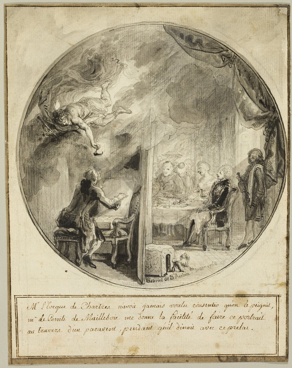 Gabriel de Saint-Aubin toteuttaa Chartresin piispan muotokuvaa tekijältä Gabriel Jacques de Saint Aubin