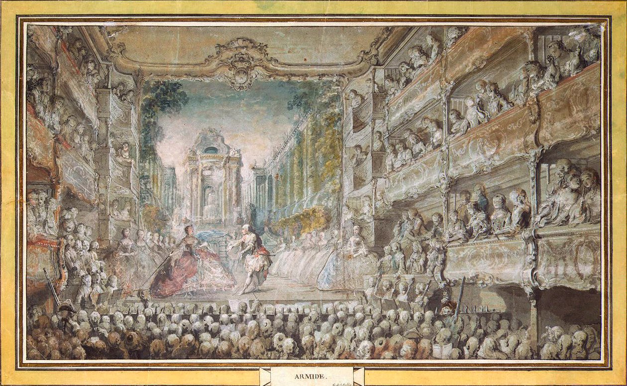 Armidan esitys Oopperatalon vanhassa auditoriossa, vuoden 1761 jälkeen. tekijältä Gabriel Jacques de Saint Aubin