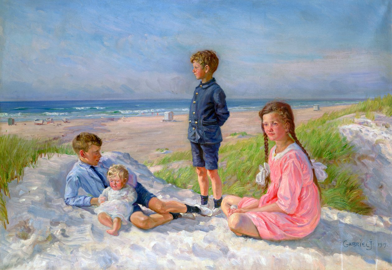 "Erik, Else, Ove ja Birthe Schultz rannalla", 1919 tekijältä Gabriel Jensen