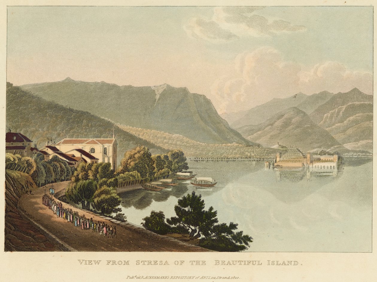 Näkymä Kauniin saaren Stresasta (Isola Bella, Lago Maggiore), ennen vuotta 1820 (akvarelli etsauksen päällä ja akvatinta kudospaperilla) tekijältä Gabriel L. and Lory Mathias G.  Lory