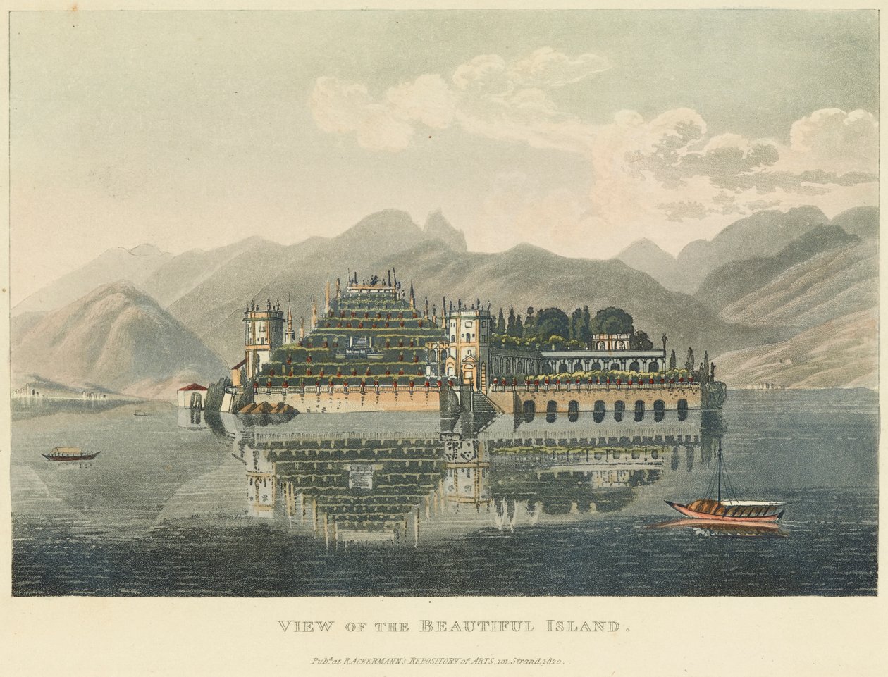 Näkymä kauniille saarelle (Isola Bella, Lago Maggiore), ennen vuotta 1820 (akvarelli etsauksen päällä ja akvatinta kudottupaperilla) tekijältä Gabriel L. and Lory Mathias G.  Lory