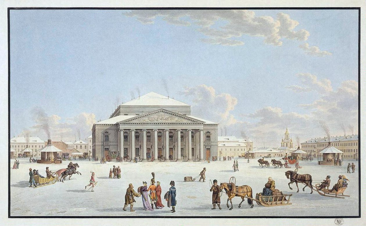Näkymä Bolshoi-teatterista Pietarissa, 1800-luvun alku. tekijältä Gabriel Ludwig Lory the Elder