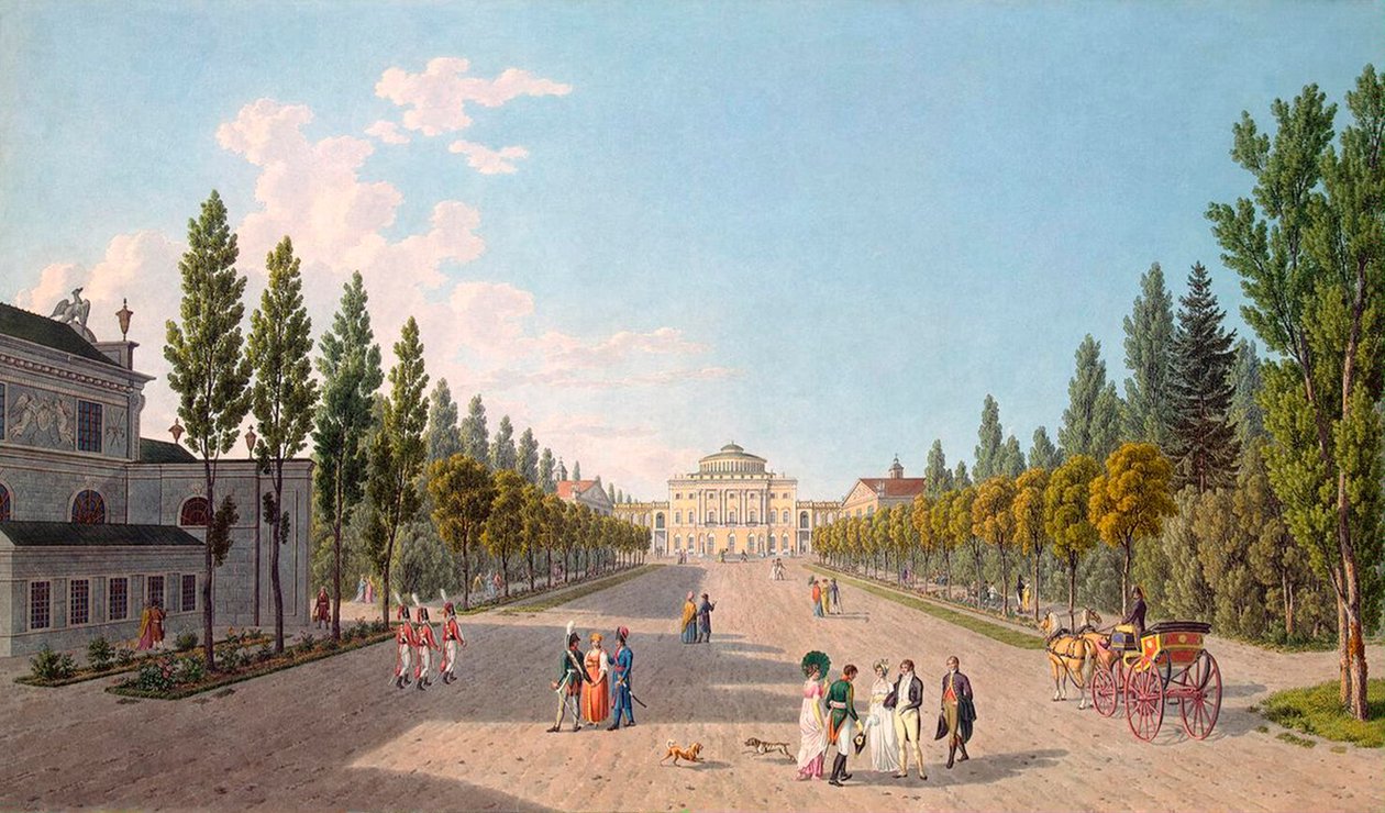 Näkymä Pavlovskin palatsille puistosta, 1808. tekijältä Gabriel Ludwig Lory the Elder