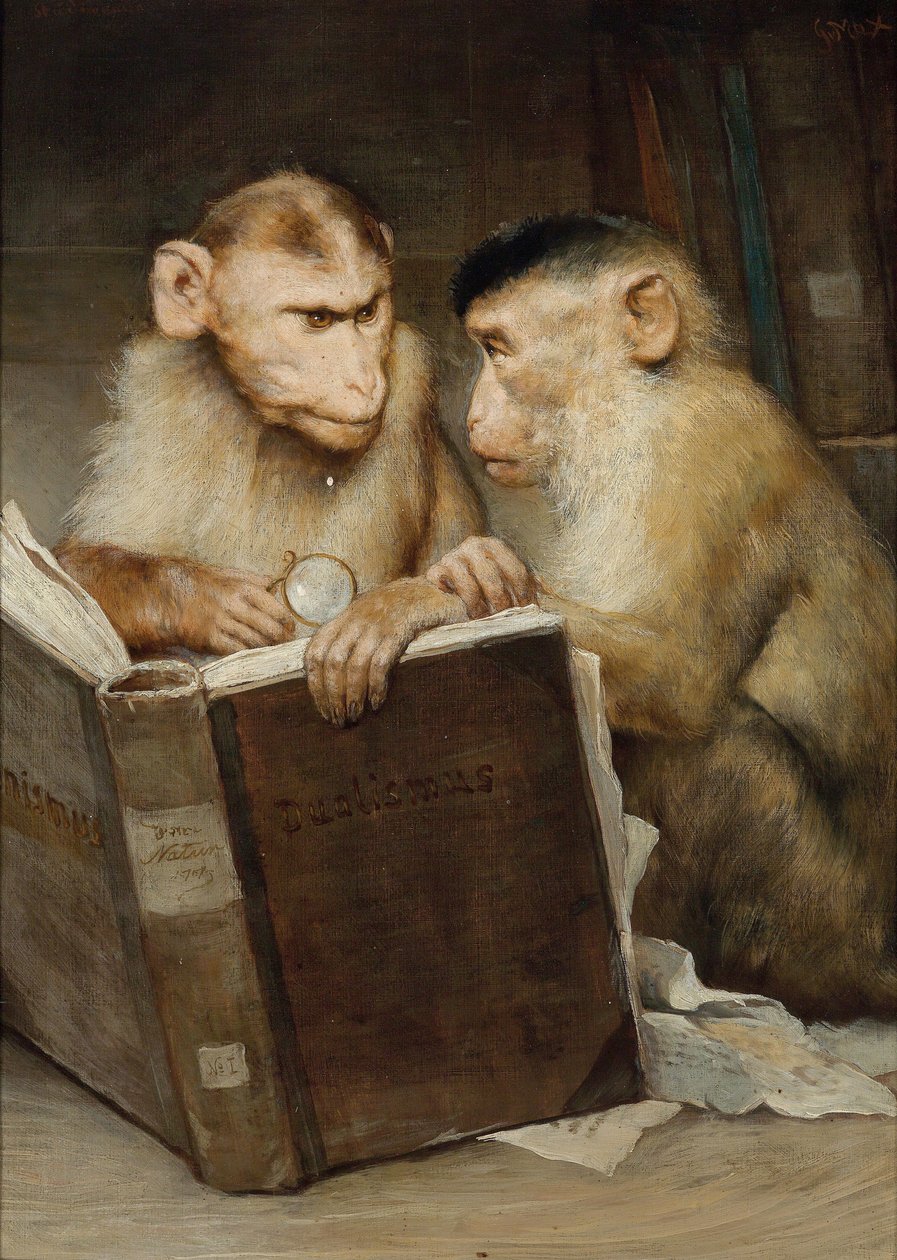 ""Les savants"" (Oppineet) Kaksi apinaa pitelemässä avointa kirjaa - Gabriel Cornelius Ritter von Maxin (1840-1915) maalaus Yksityinen kokoelma tekijältä Gabriel Max