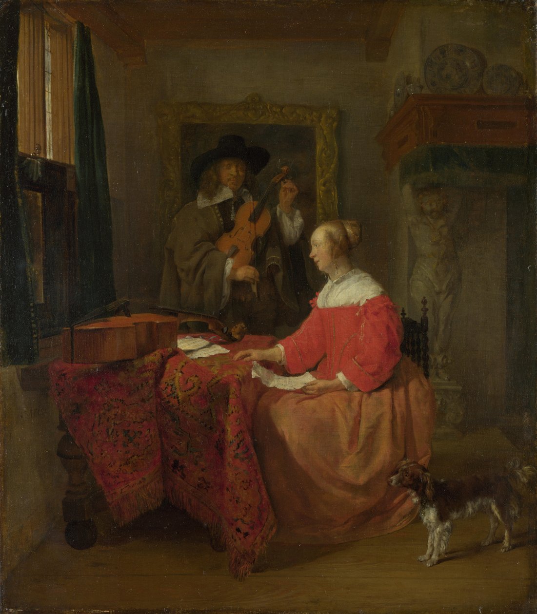 Nainen pöydän ääressä ja mies virittää viulua, n. 16571658 tekijältä Gabriel Metsu
