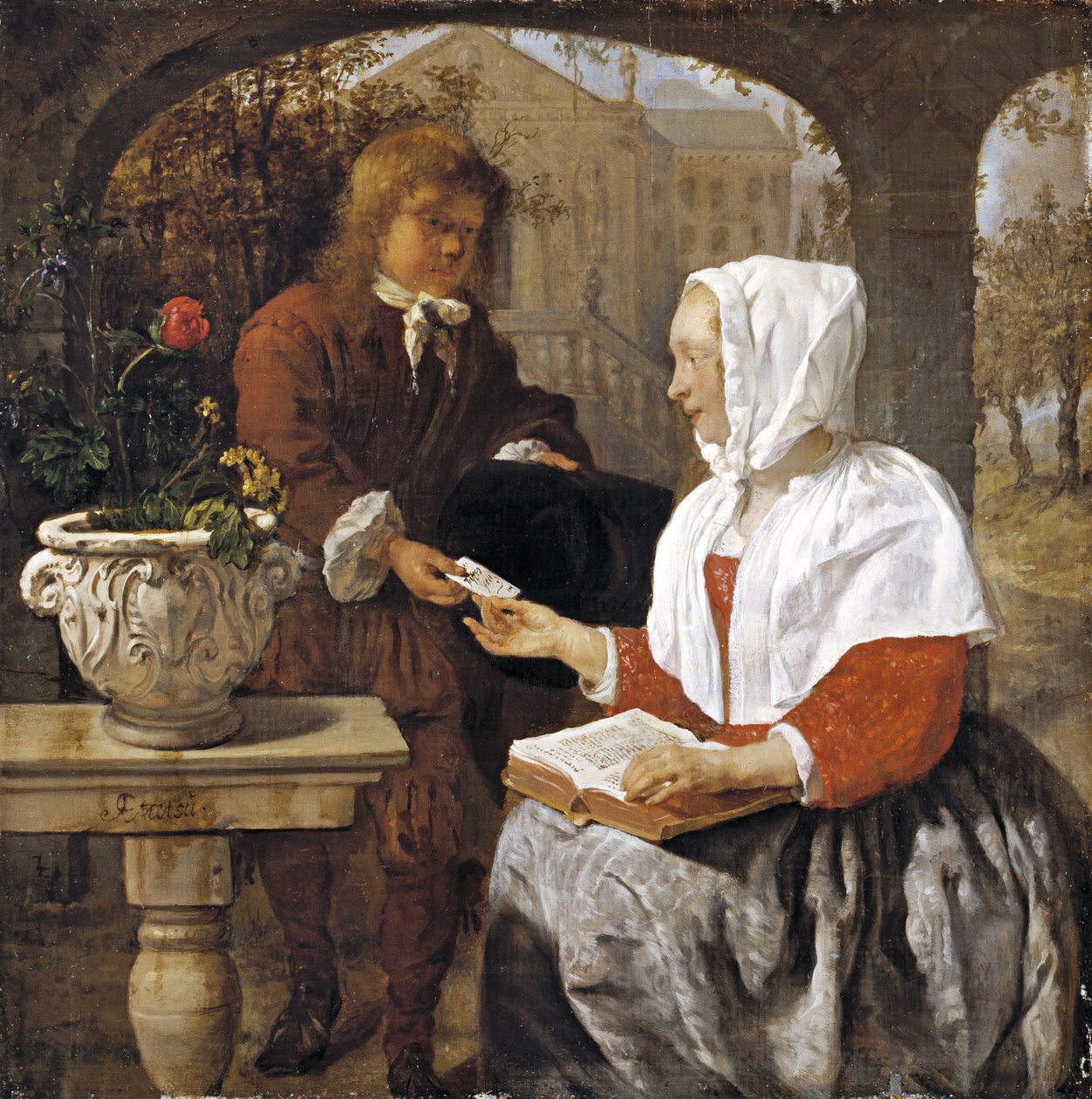 Nuori nainen vastaanottamassa kirjettä, n. 1658 tekijältä Gabriel Metsu