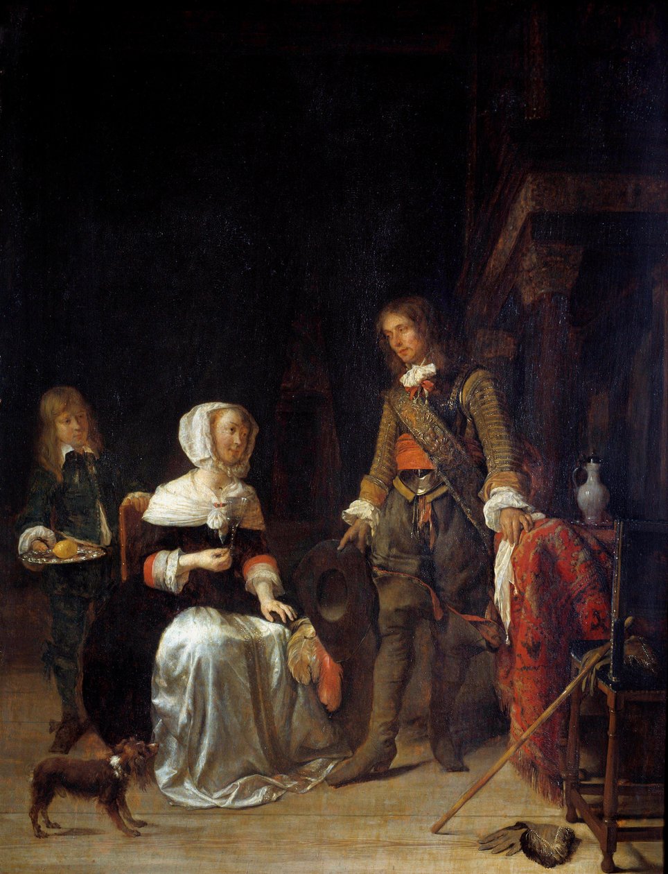 Sotilas nuoren tytön luona Gabriel Metsun (1629-1667) maalaus 1600-luvun su. 0,63x0,47 m tekijältä Gabriel Metsu