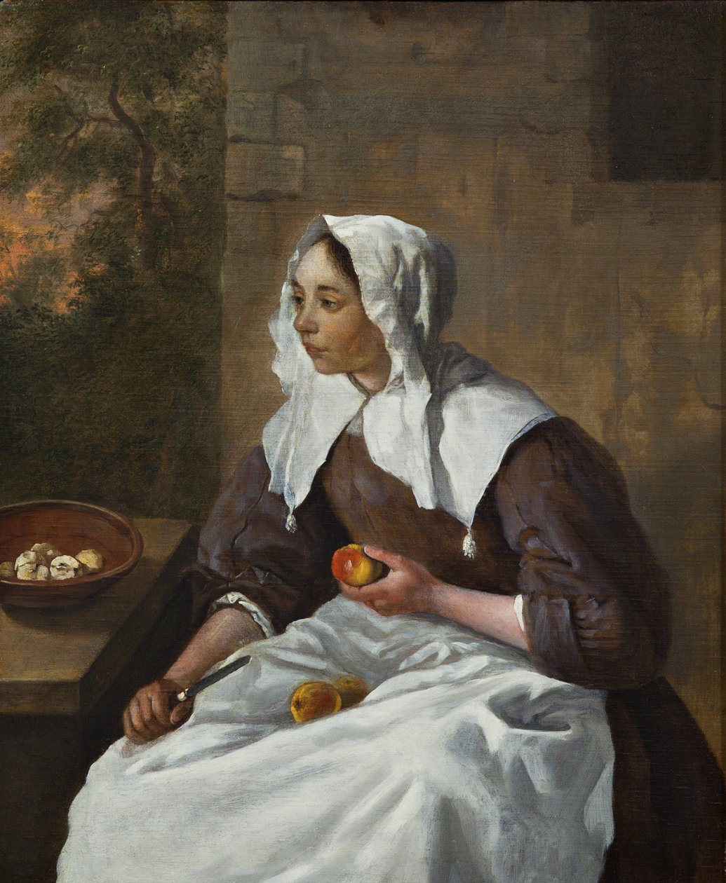 Tyttö kuorimassa omenoita (öljy paneelille) tekijältä Gabriel Metsu