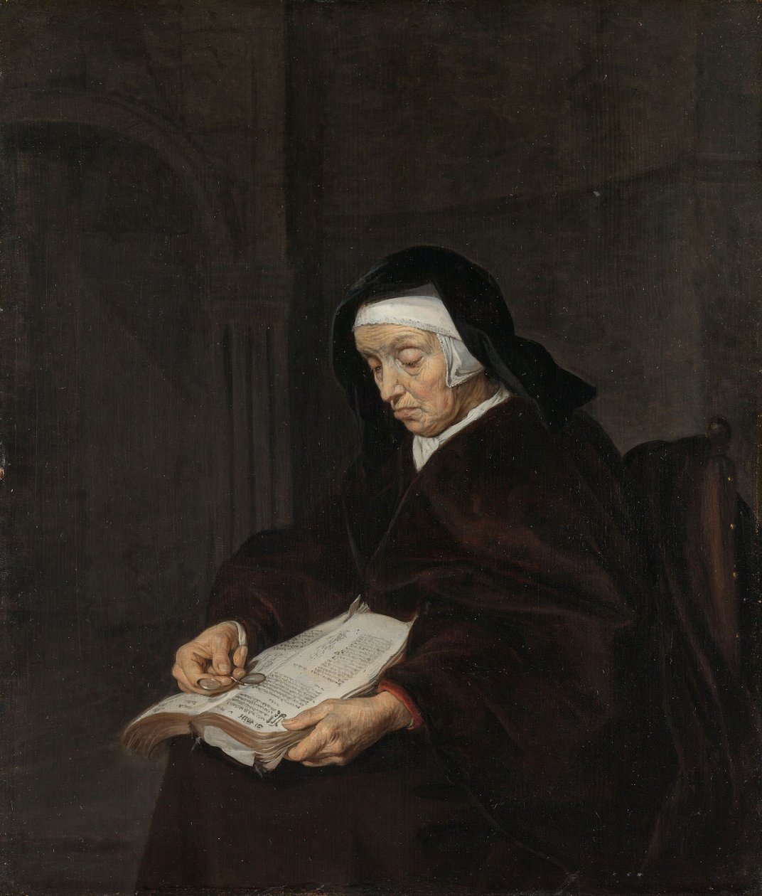 Vanha nainen meditoi, n. 1661-63 tekijältä Gabriel Metsu
