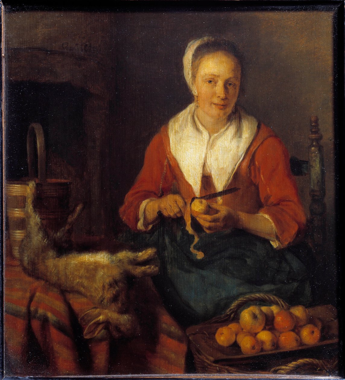 Omenan kuori. Nainen kuorii omenoita tehdäkseen ruokaa kanin kanssa. Gabriel Metsun (1629-1667) maalaus Ec. Hol. tekijältä Gabriel Metsu