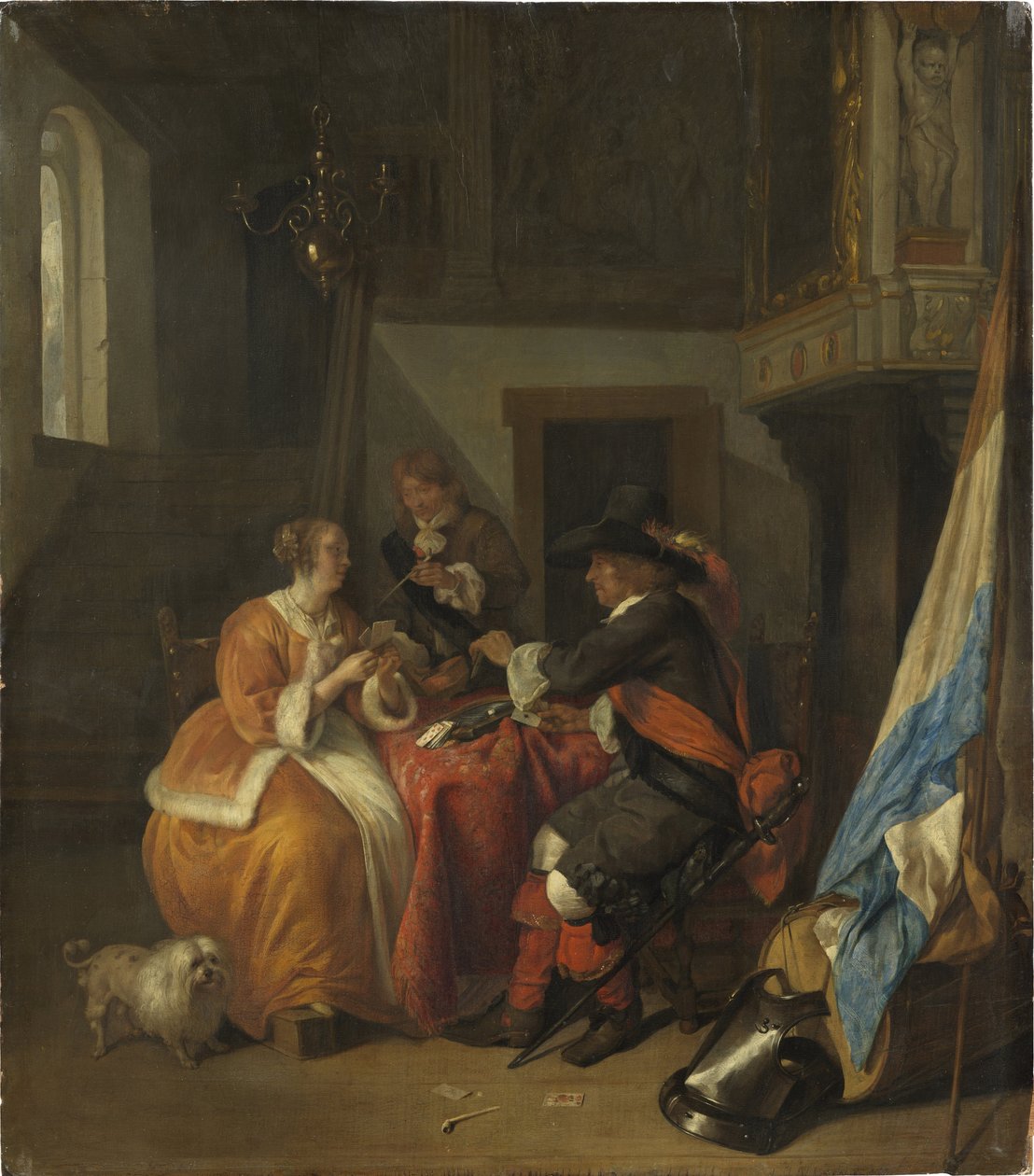 Korttipeli - A Card Game, kirjoittanut Metsu, Gabriel (1629-1667). öljy puulle tekijältä Gabriel Metsu
