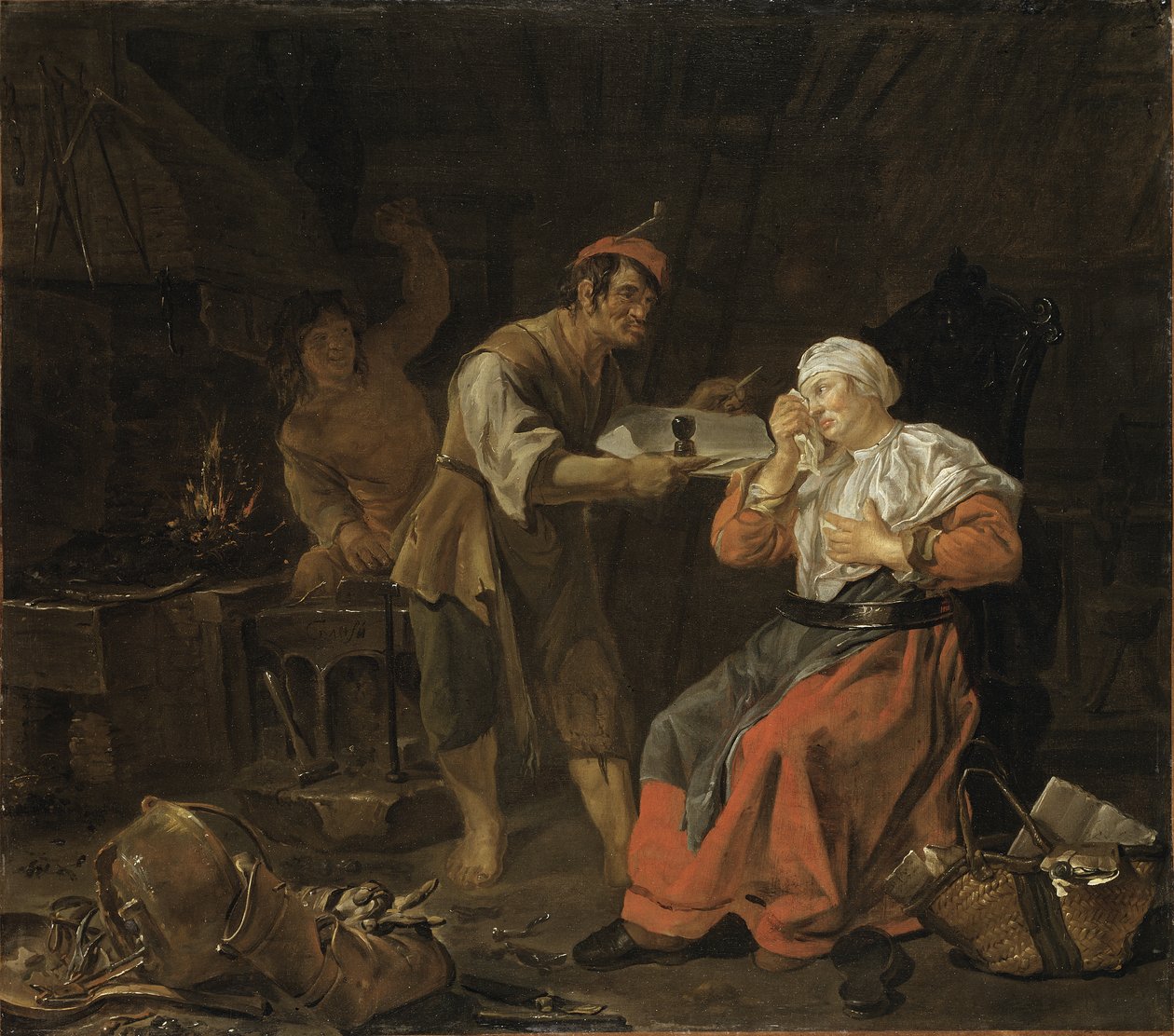 Itkevä nainen sepän pajassa, n. 1650 tekijältä Gabriel Metsu