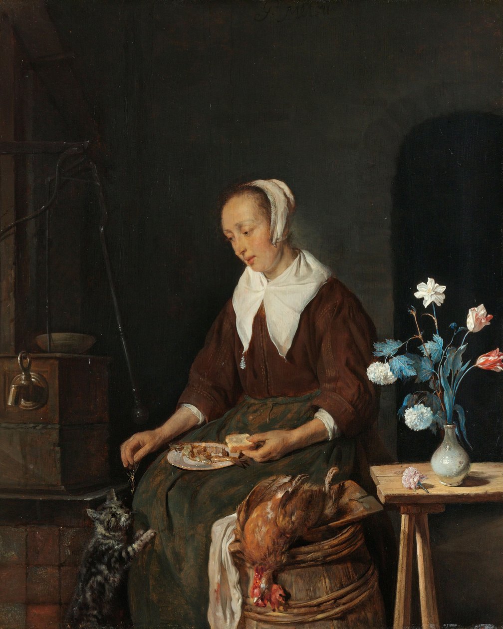 Nainen syömässä, tunnettu nimellä "Kissan aamiainen", noin 1661-64 (öljy paneelille). tekijältä Gabriel Metsu