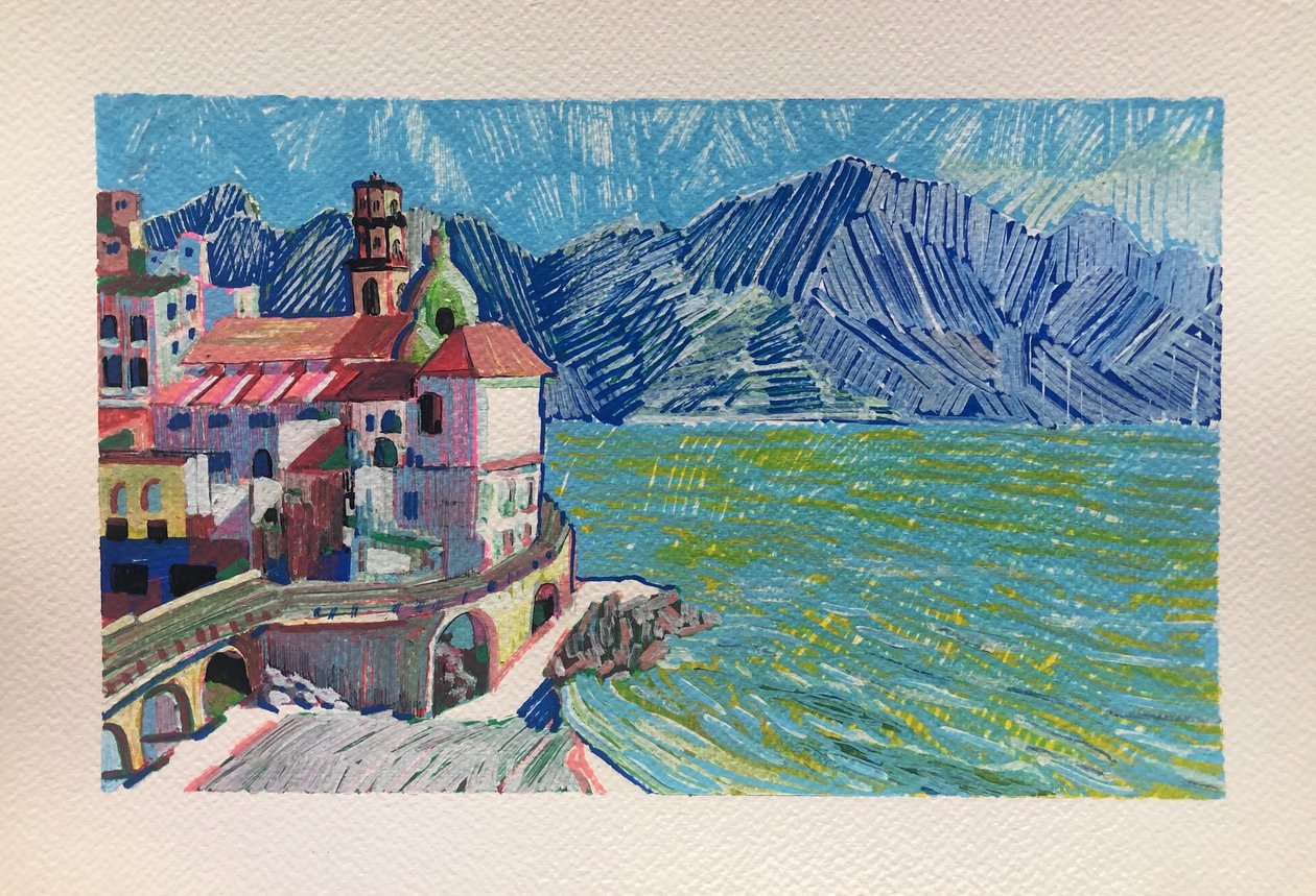 Capri, Italia, 2023 (akryyli paperille) tekijältä Gabriel Palma