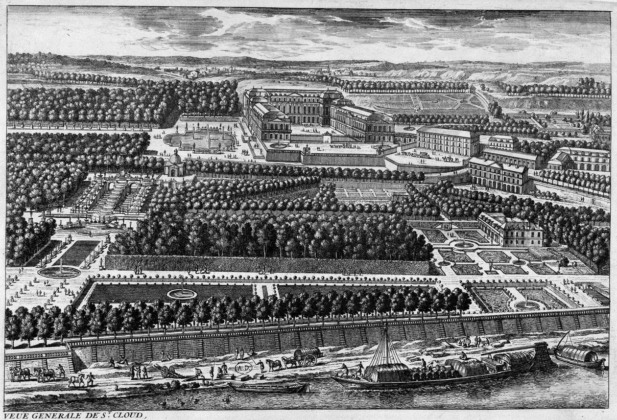 Yleisnäkymä St Cloudista (linna ja Le Oursin puutarhat) - Perelle, 1600-luvun loppu tekijältä Gabriel Perelle