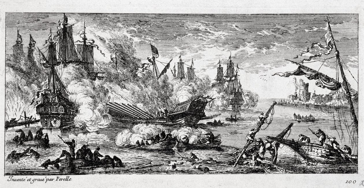 Agostan meritaistelu (nykyinen Augusta Sisiliassa) Ranskan laivaston ja espanjalaisen ja hollantilaisen liiton välillä 22. huhtikuuta 1676. Kutsutaan myös Gibel-vuoren taisteluksi (Gibel-vuori) tai Famagustan taisteluksi. tekijältä Gabriel Perelle