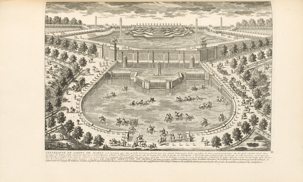 Marlyn puutarhan ääripää, Charles-Antoine Jombertin teoksesta Les Delices de Versailles et des Maisons Royales, 1766 tekijältä Gabriel Perelle